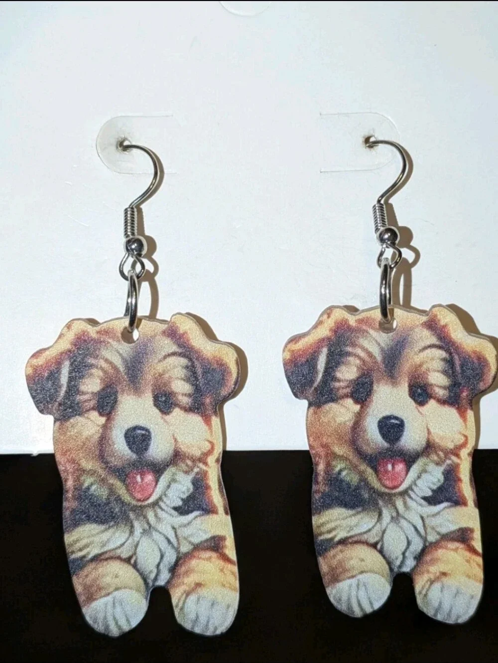 Hand Crafted Brown and Cream Puppy Dangle Earrings